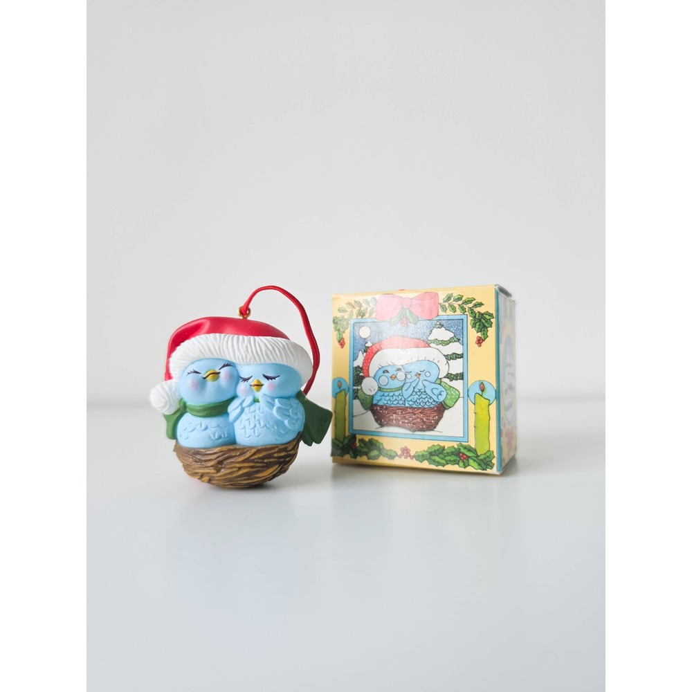 Vintage 1982 Avon Little Snugglers Blue Birds Christmas Ornament with Box